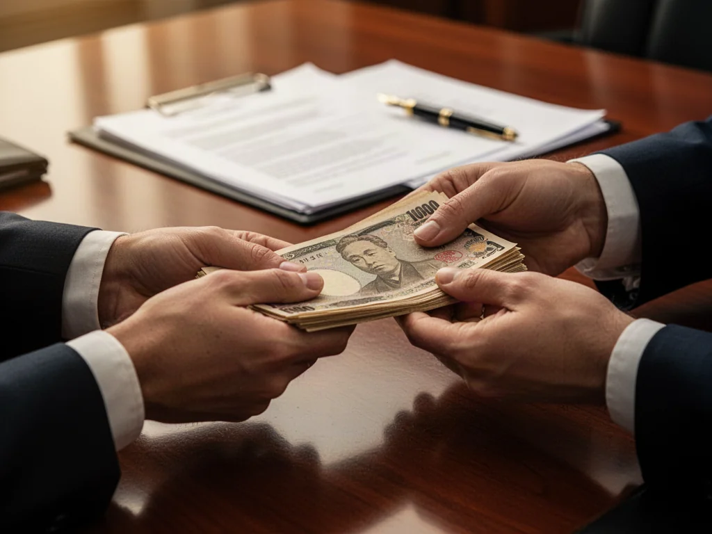 Dłonie przekazujące plik banknotów na biurku obok dokumentów, symbolizujące formalne zawarcie umowy darowizny pieniędzy.