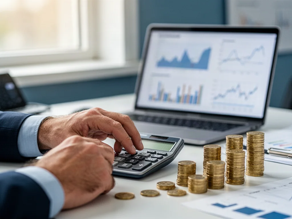 Mężczyzna oblicza finanse na kalkulatorze przy biurku z monetami i wykresami, co ilustruje kwestie związane z progami podatkowymi.
