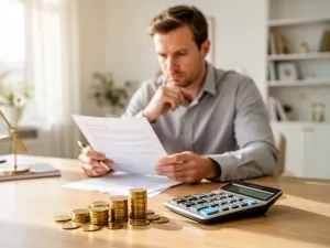 Mężczyzna oblicza finanse na kalkulatorze przy biurku z monetami i wykresami, co ilustruje kwestie związane z progami podatkowymi.