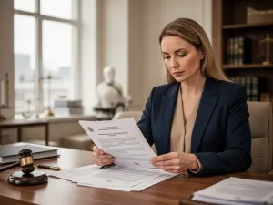 Mężczyzna przy biurku analizujący dokumenty finansowe, przygotowujący się do procesu upadłości konsumenckiej.