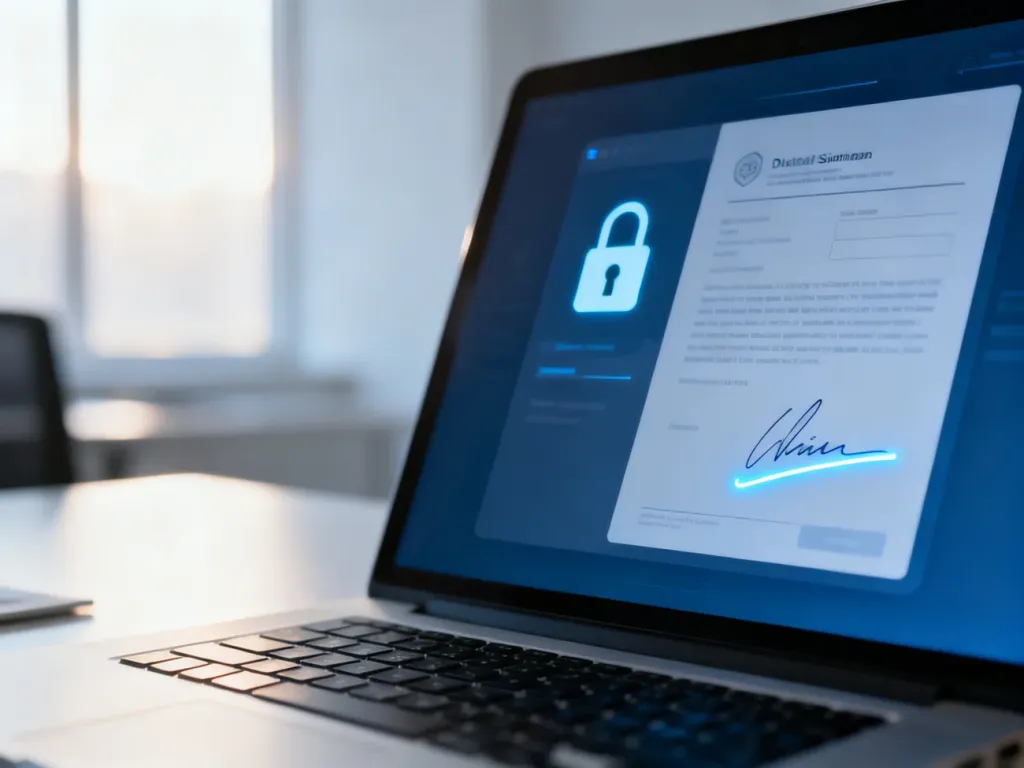 Ekran laptopa z interfejsem podpisu elektronicznego i ikoną kłódki, symbolizujący bezpieczne podpisywanie dokumentów online.