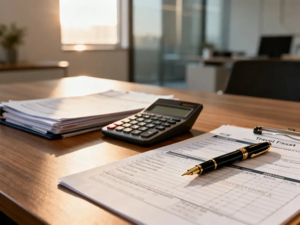 Dokumenty rozliczeniowe delegacji, kalkulator i pióro na biurku w nowoczesnym biurze.